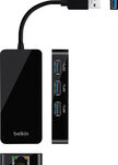 Belkin - 3-Port USB 3.0 Hub with Gigabit Ethernet Adapter - Black